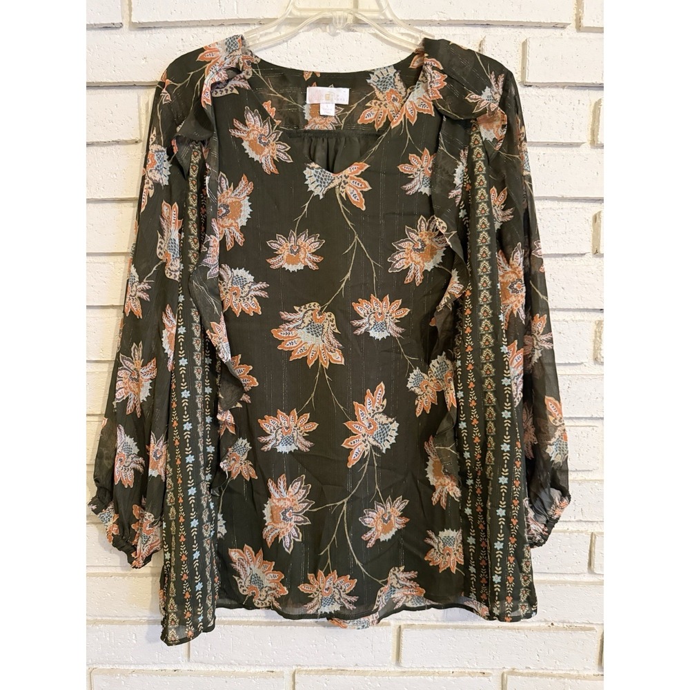 Belle by Kim Gravel Chiffon Blouson Sleeve Ruffle Top Green Size Large